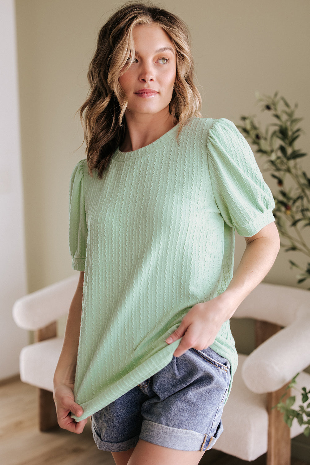Textured Round Neck Short Puff Sleeve Top