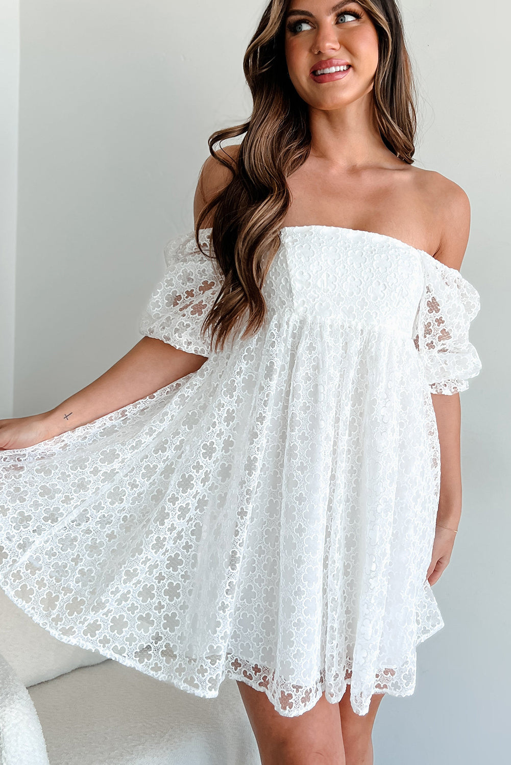 Floral Lace Puff Sleeve Empire Waist Mini Dress