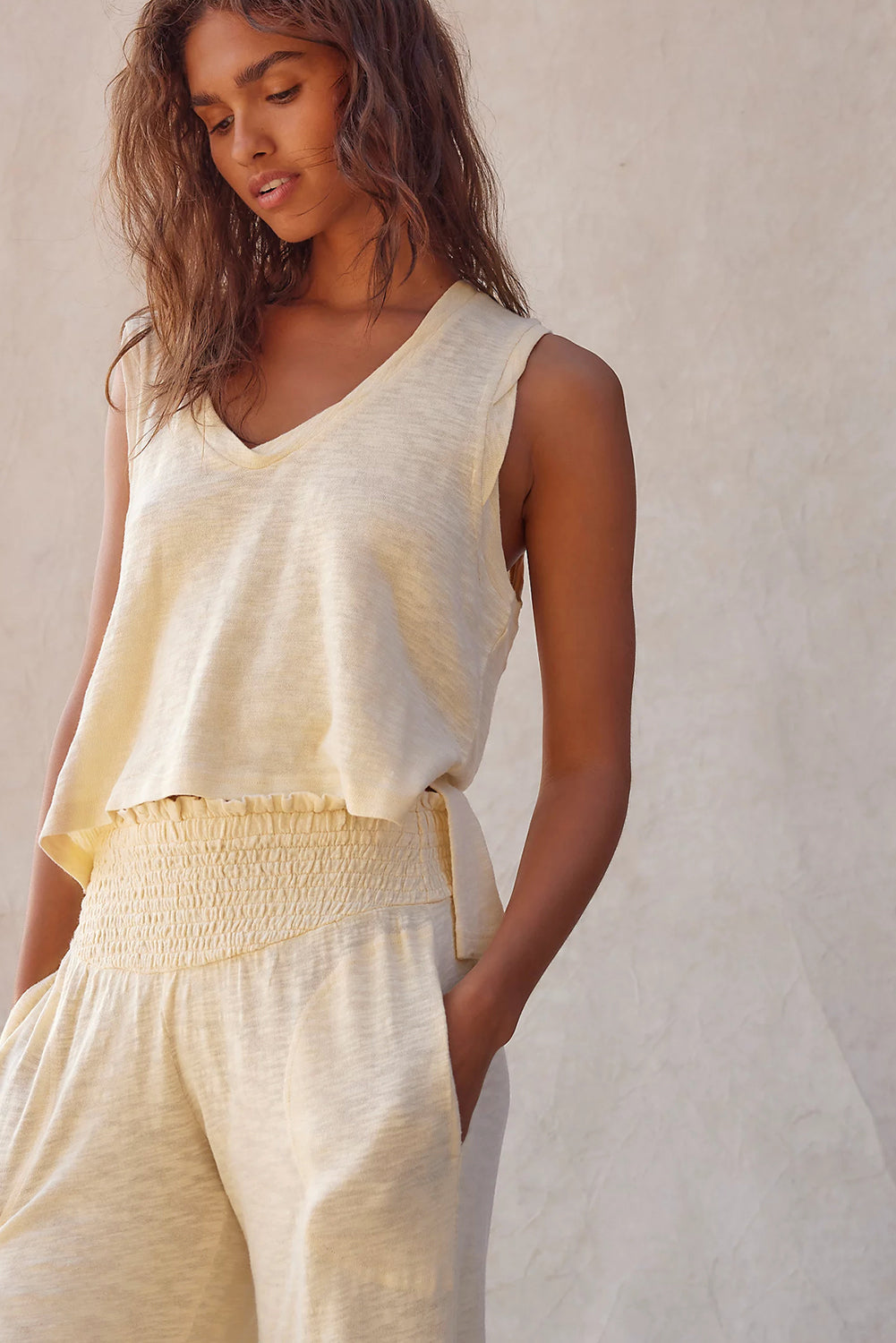 Solid Color Tank Top and Smocked Waist Pants Set