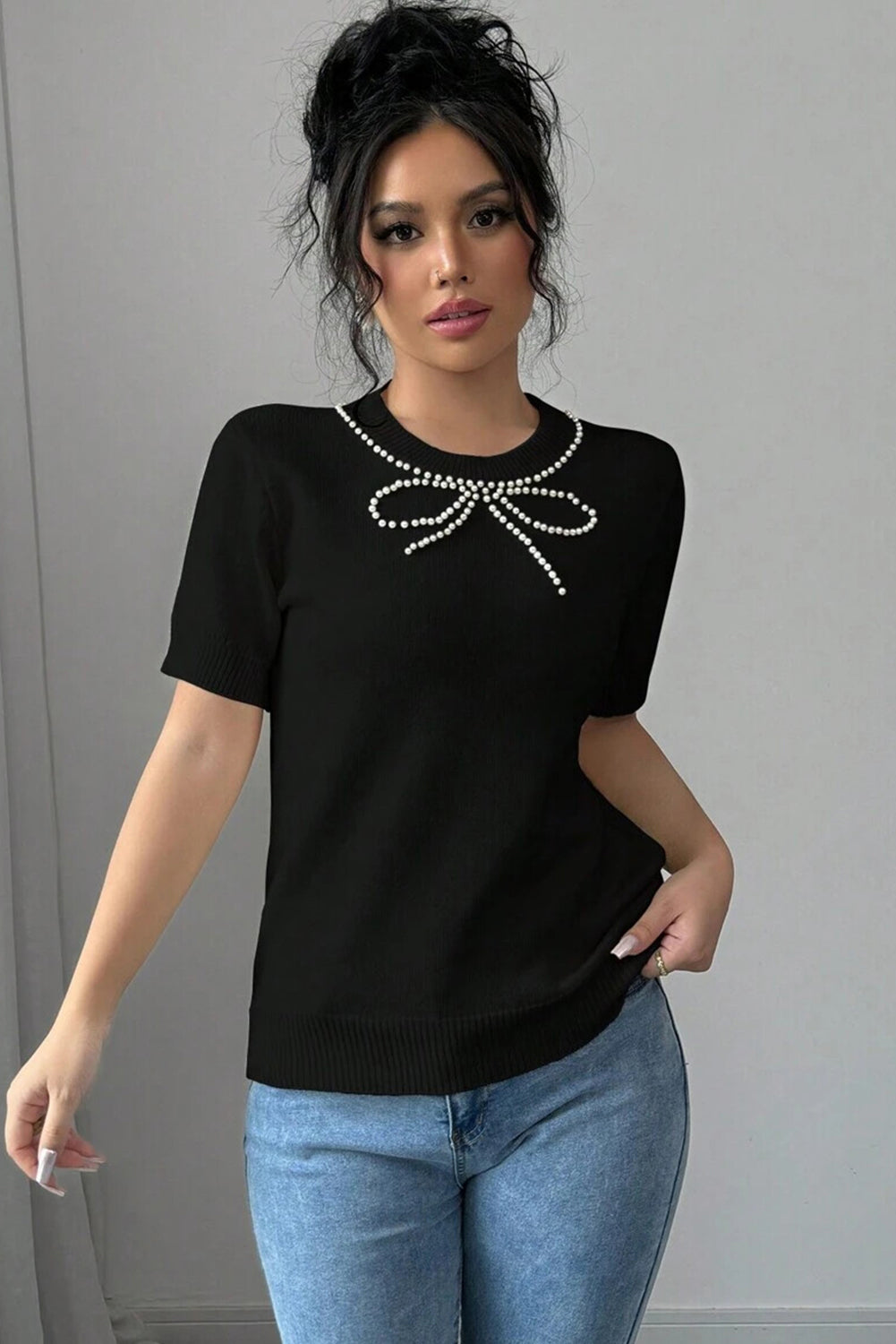 Pearl Bow Necklace Embellished Short Sleeve Knitted T Shirt