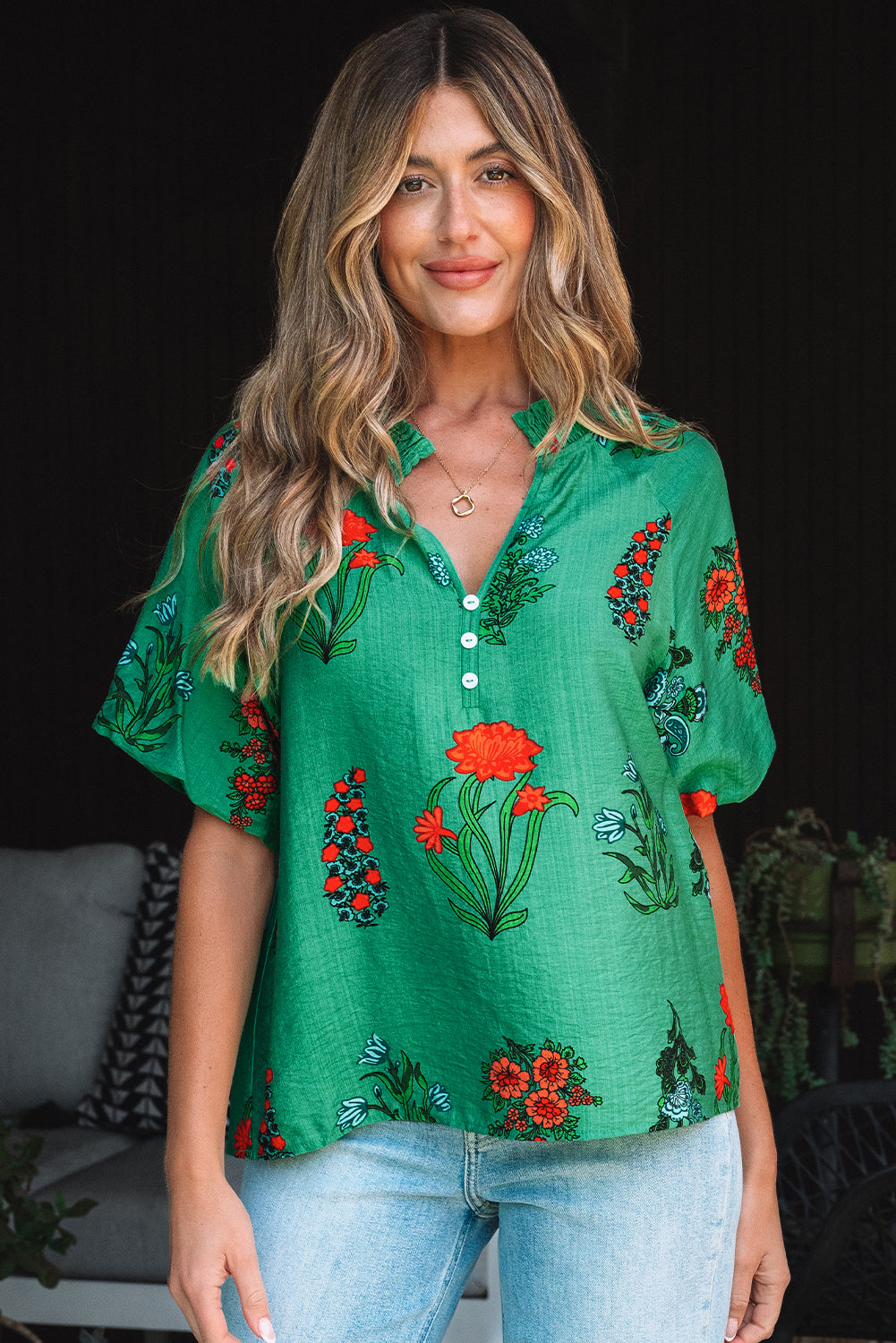 Floral Print Buttoned V Neck Short Sleeve Blouse