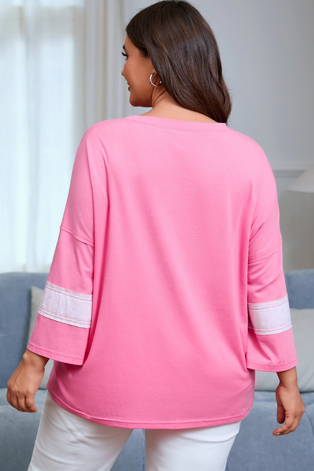 Star Patched Colorblock Raw Edge Bracelet Sleeve Plus Size Loose Tee