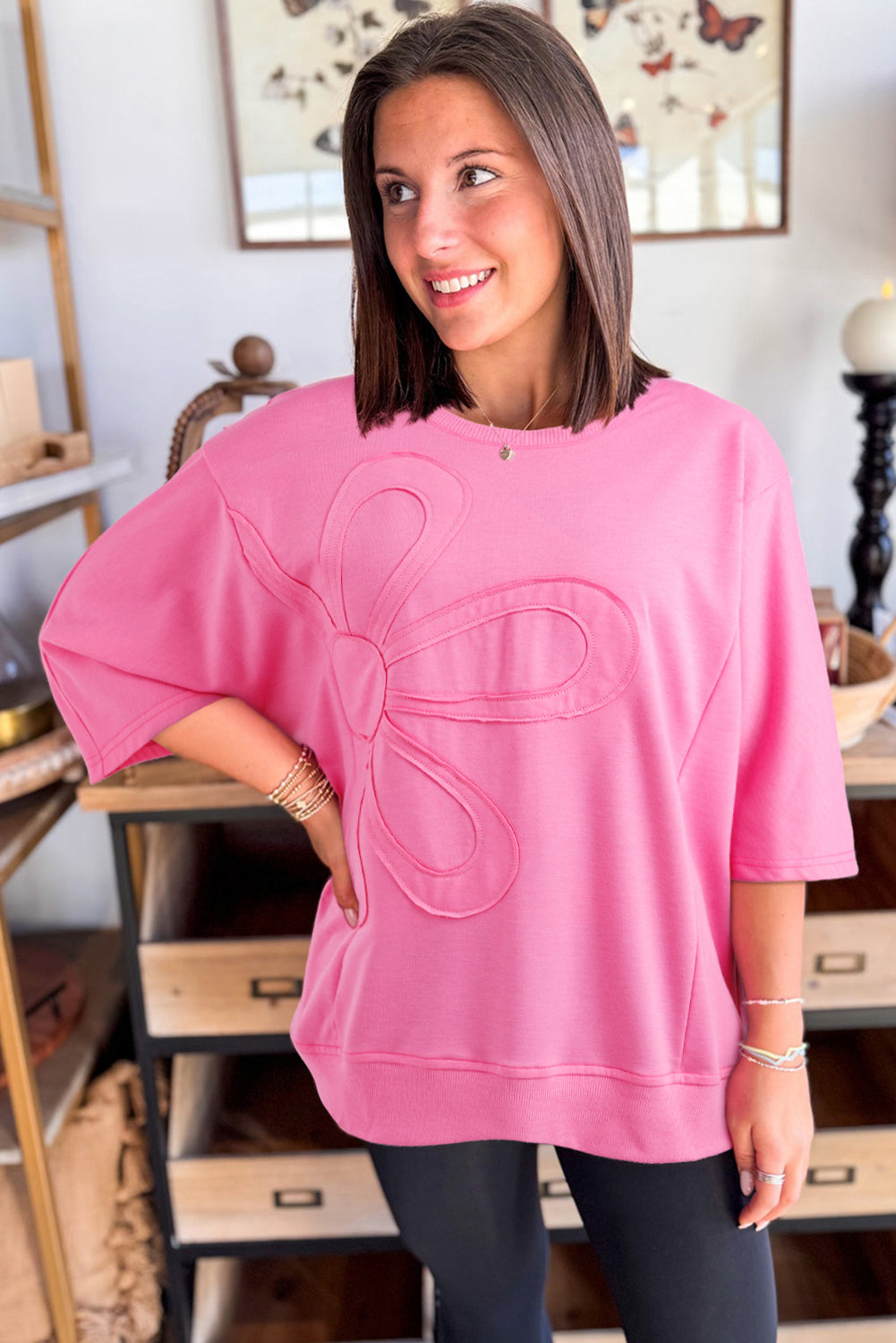 Floral Patched Half Sleeve Tunic Top