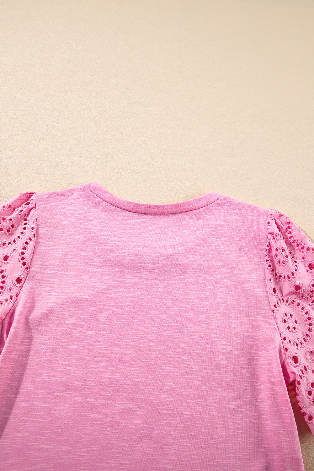 Eyelet Embroidery Scalloped Sleeve Round Neck T Shirt
