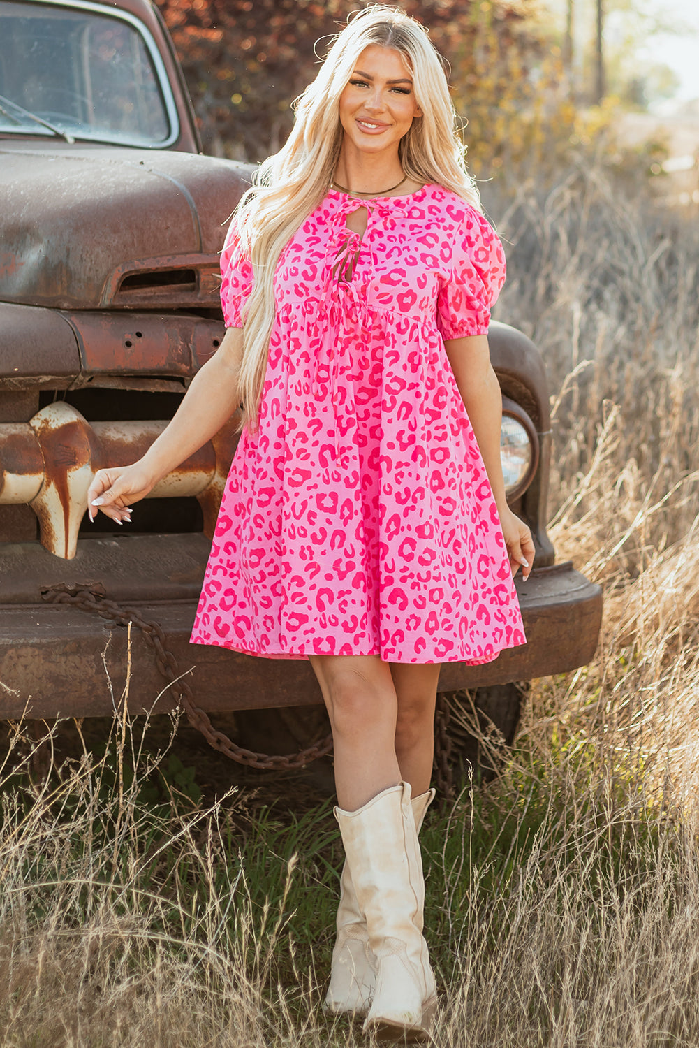 Leopard Puff Sleeve Tie Front High Waist Mini Dress