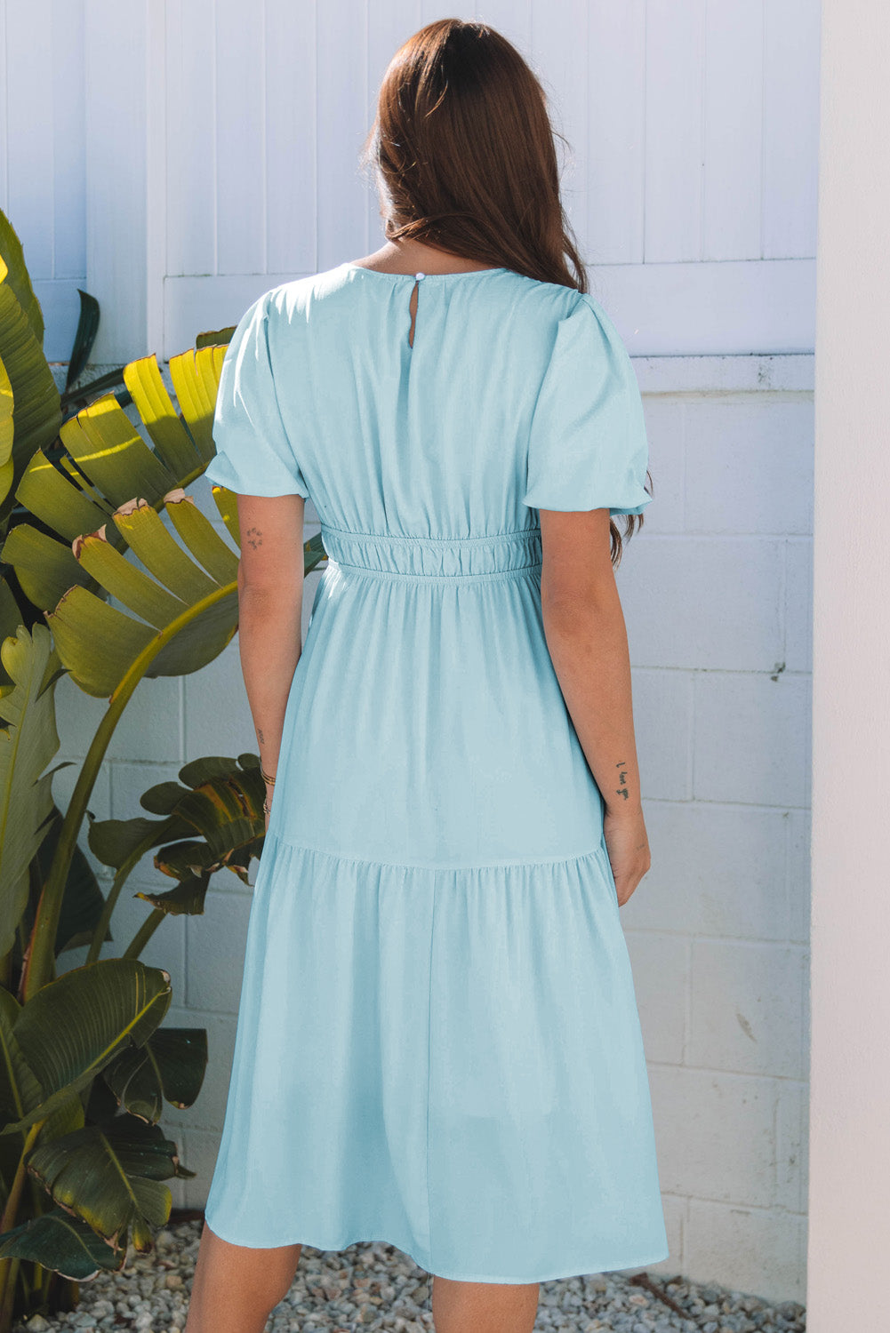 Puff Sleeve Pleated High Waist Flowy Long Dress