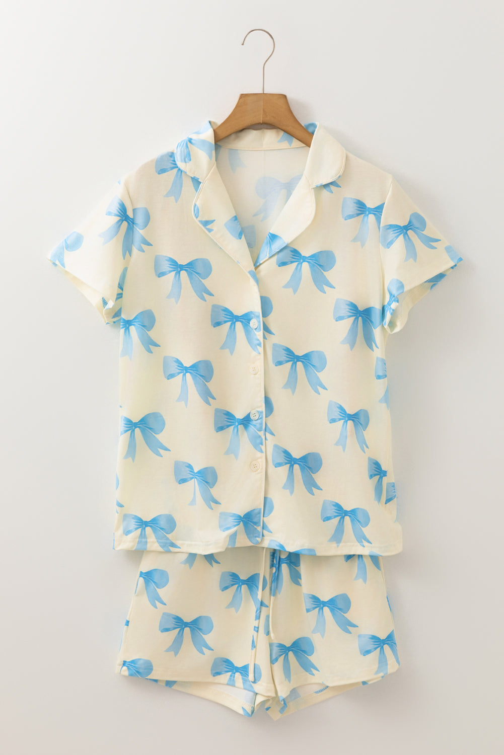 Bow Printed Short Sleeve Shirt Shorts Pajama Set