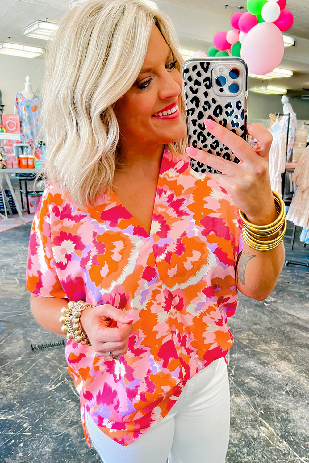 Abstract Print V Neck Summer Blouse