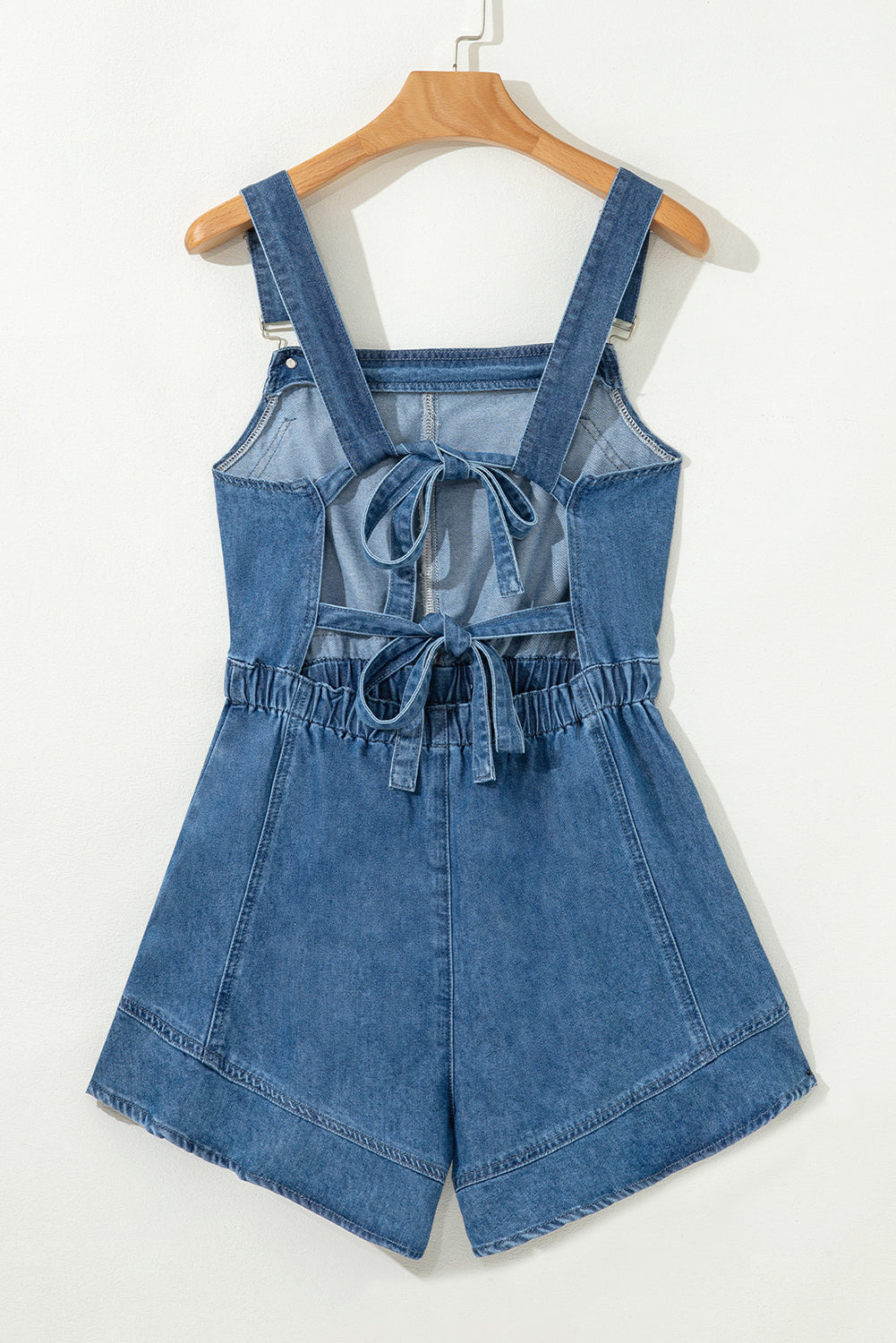 Buckle Straps Bib Style Drawstring Tied Backless Flared Denim Romper