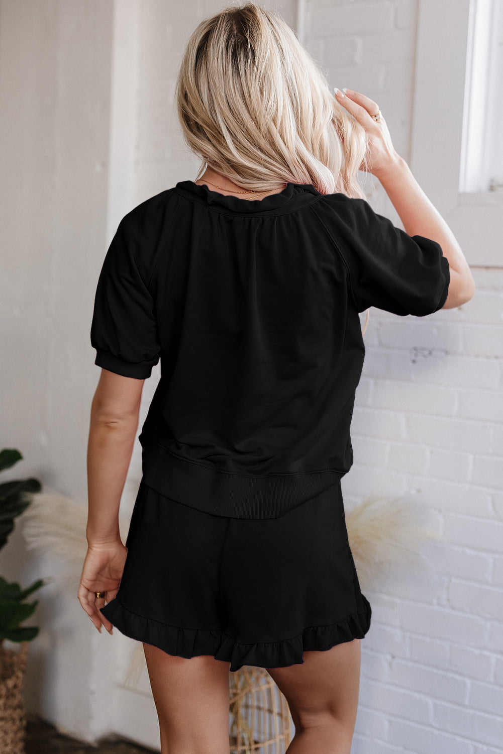Half Zip Puff Sleeve Top and Ruffled Shorts Set