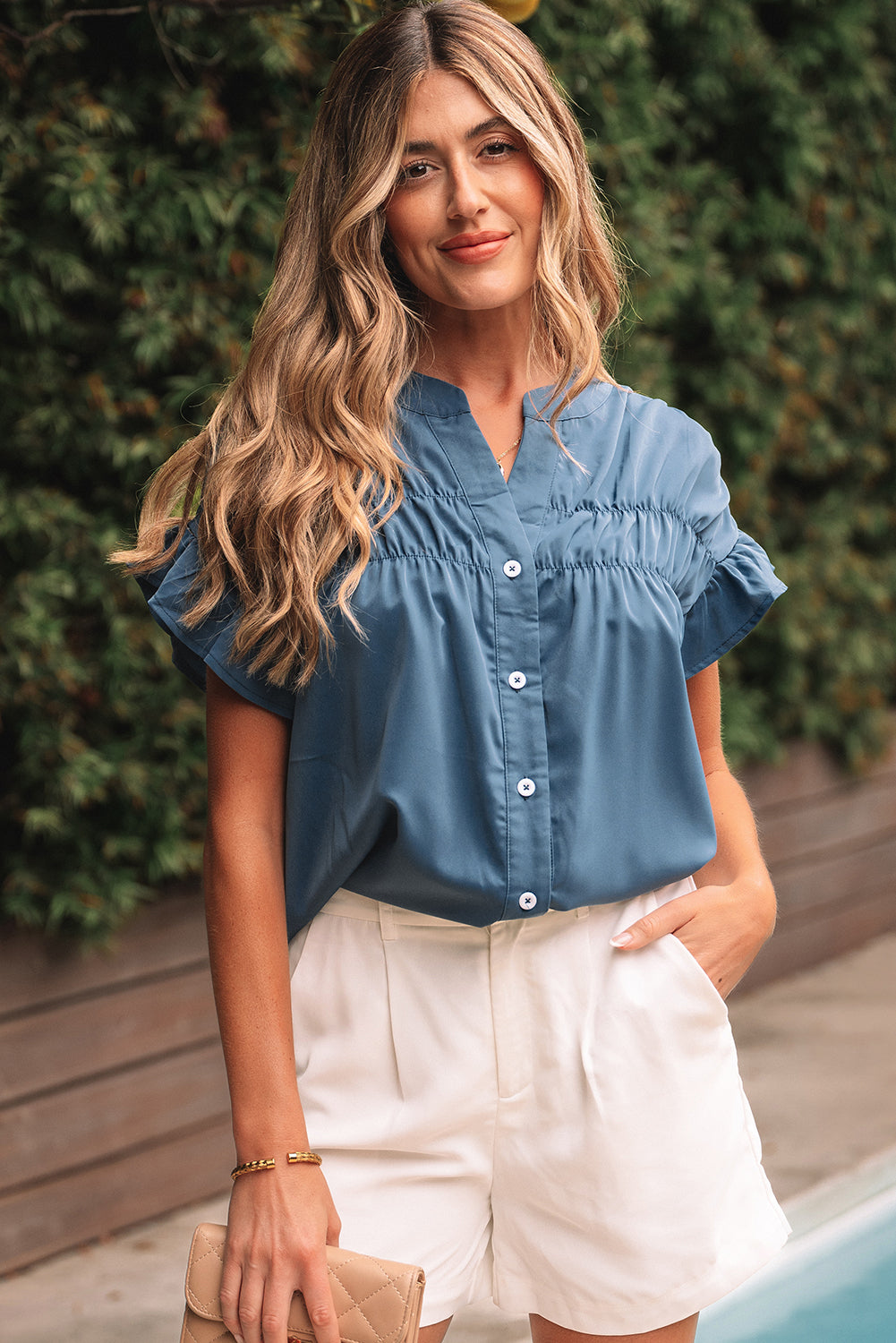 Solid Color Ruffle Ruched Short Sleeve Buttoned Shirt