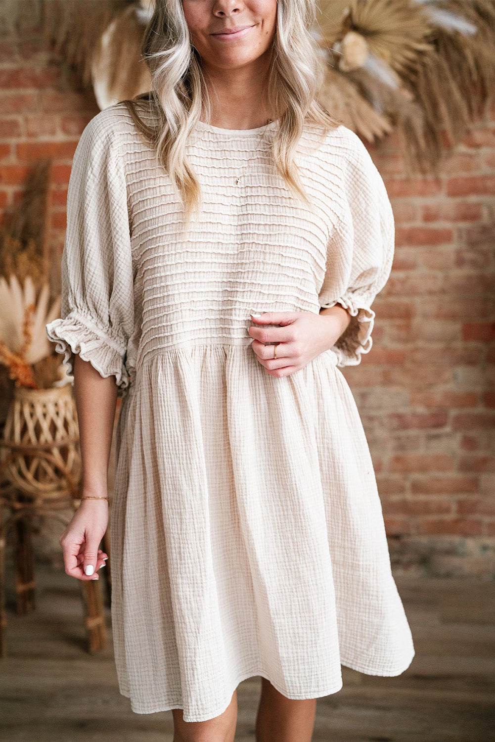 Textured Ruffled Puff Sleeve Loose Dress