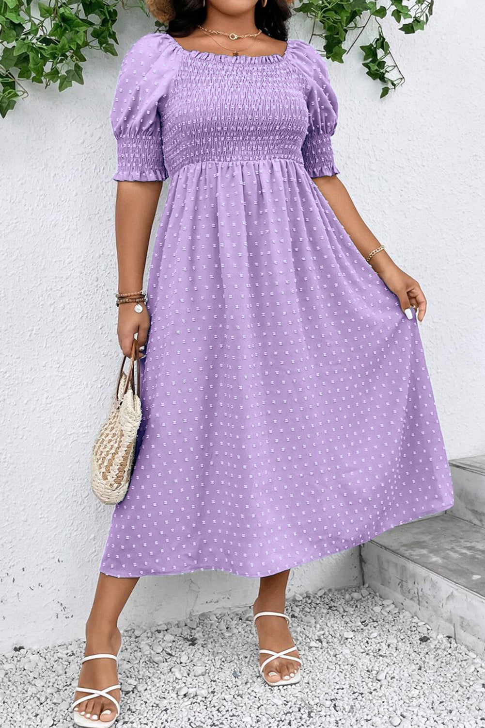Swiss Dot Smocked Frilled Neckline Short Sleeve Plus Size Dress