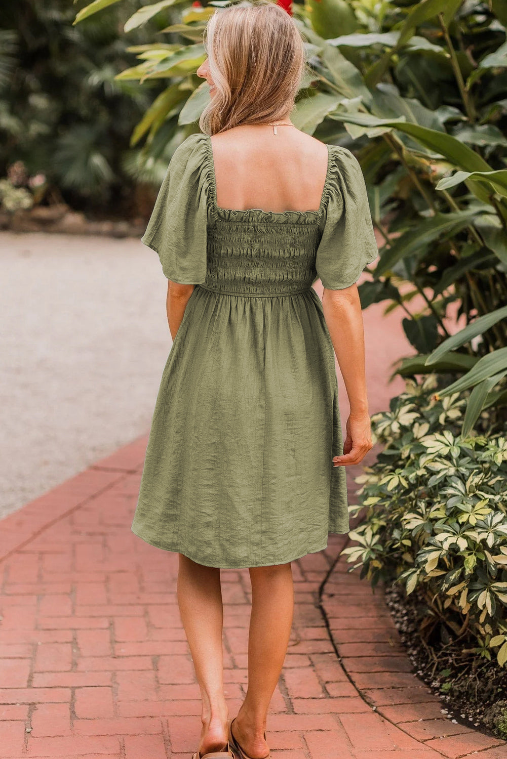 Frilly Square Neck Flutter Sleeve Smocked High Waist Plus Size Dress