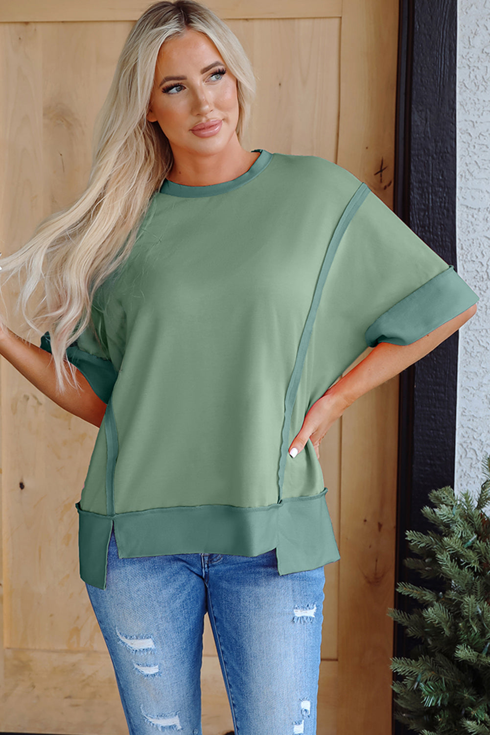 Half Sleeve Raw Seam High Low Side Split Top
