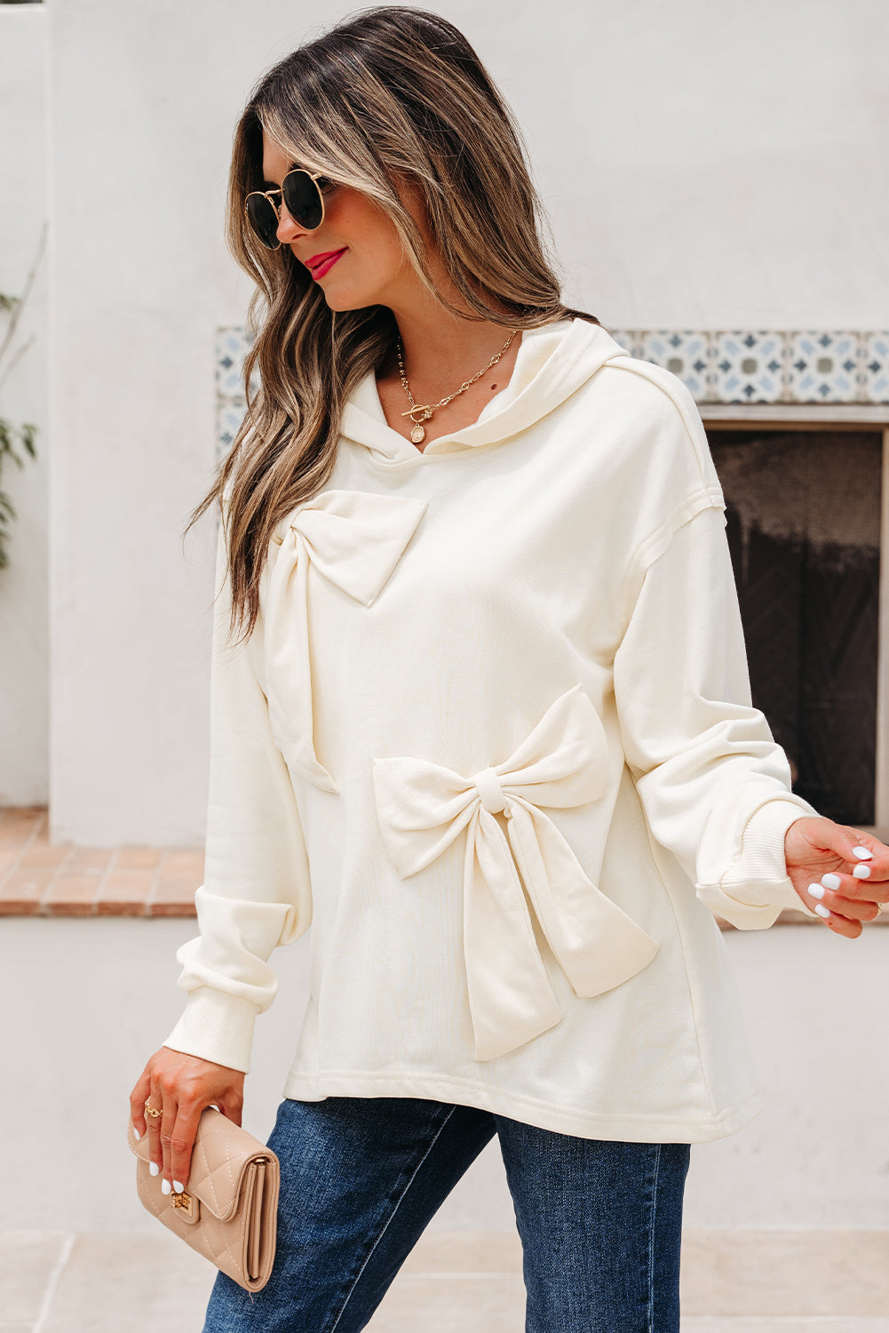 Solid Color Cute Bow Detail Loose Hoodie