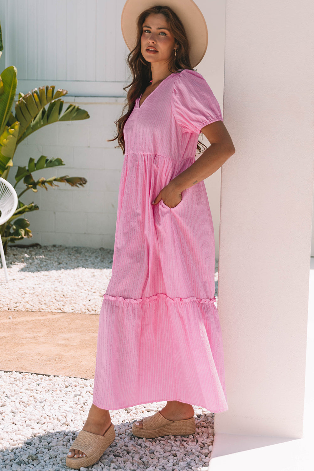 Stripe V Neck Puff Short Sleeve Maxi Dress