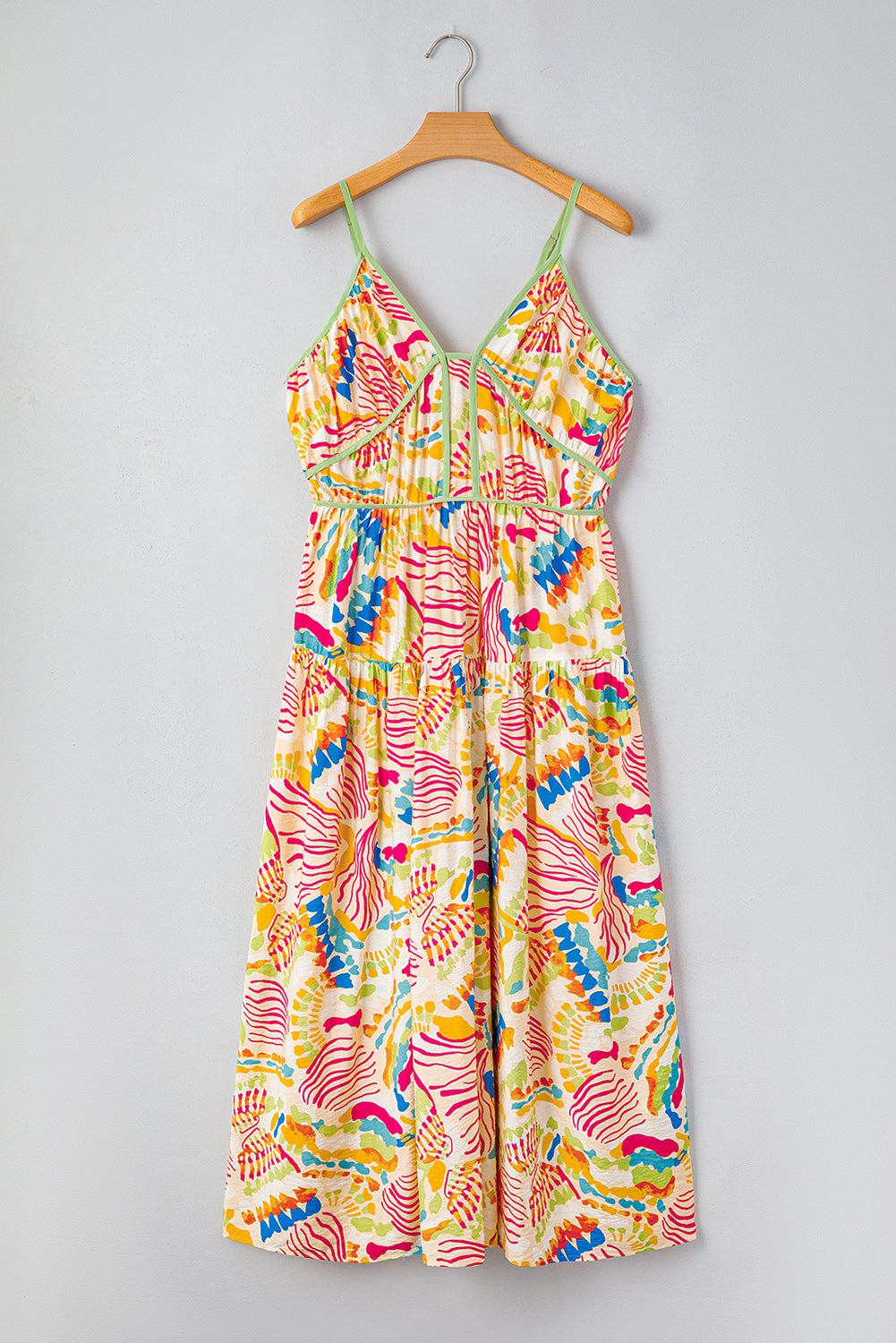 Abstract Print Spaghetti Strap Piping Detail Maxi Dres