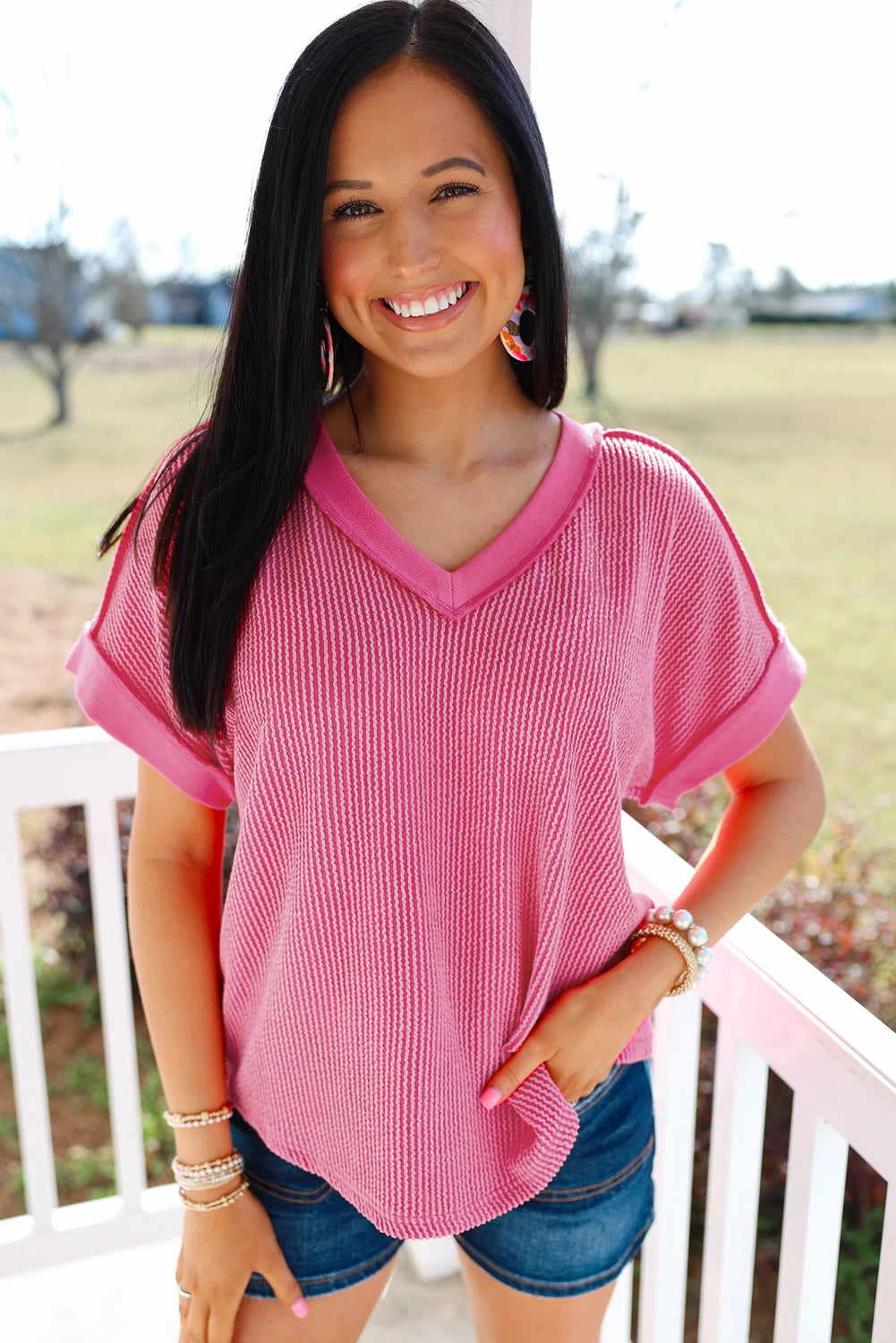 Twisted Ribbed Knit V Neck Casual Tee