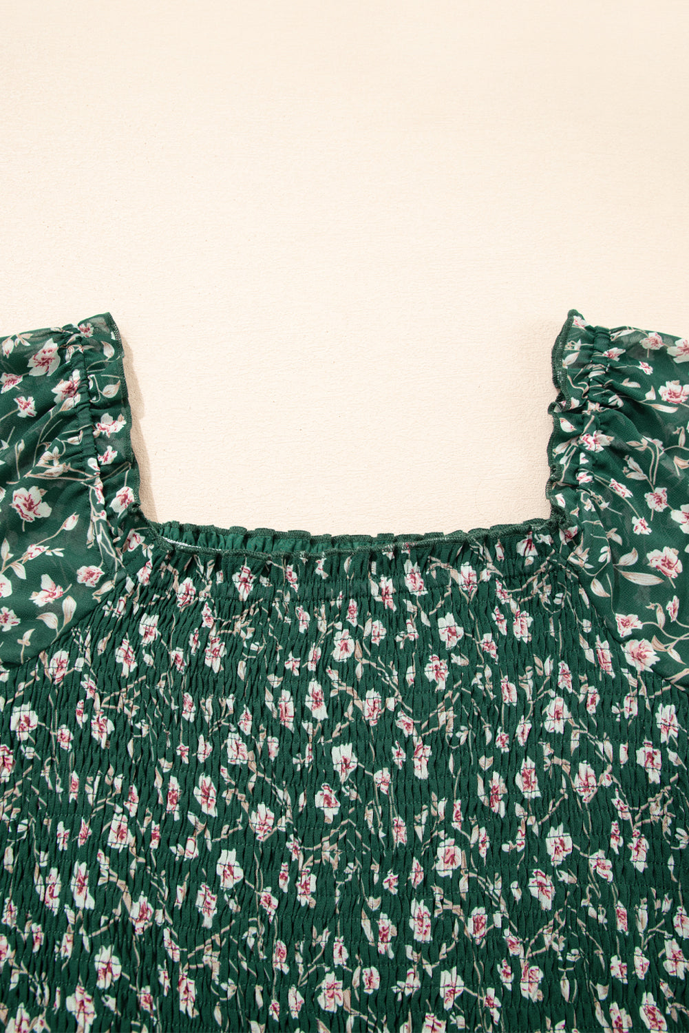 Smocked Square Neck Puff Short Sleeve Floral Dress