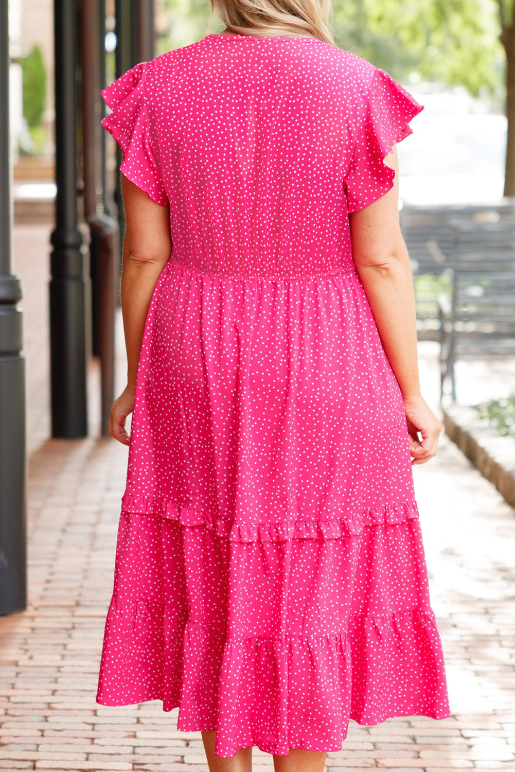 Polka Dot Print Ruffled Smocked High Waist Plus Midi Dress