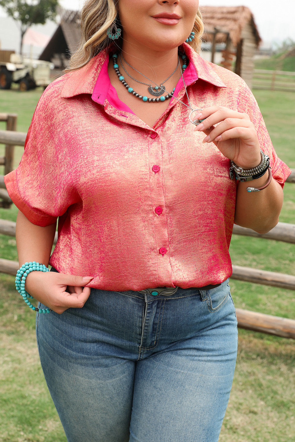 Plus Size Metallic Sheen Short Sleeve Button Up Shirt