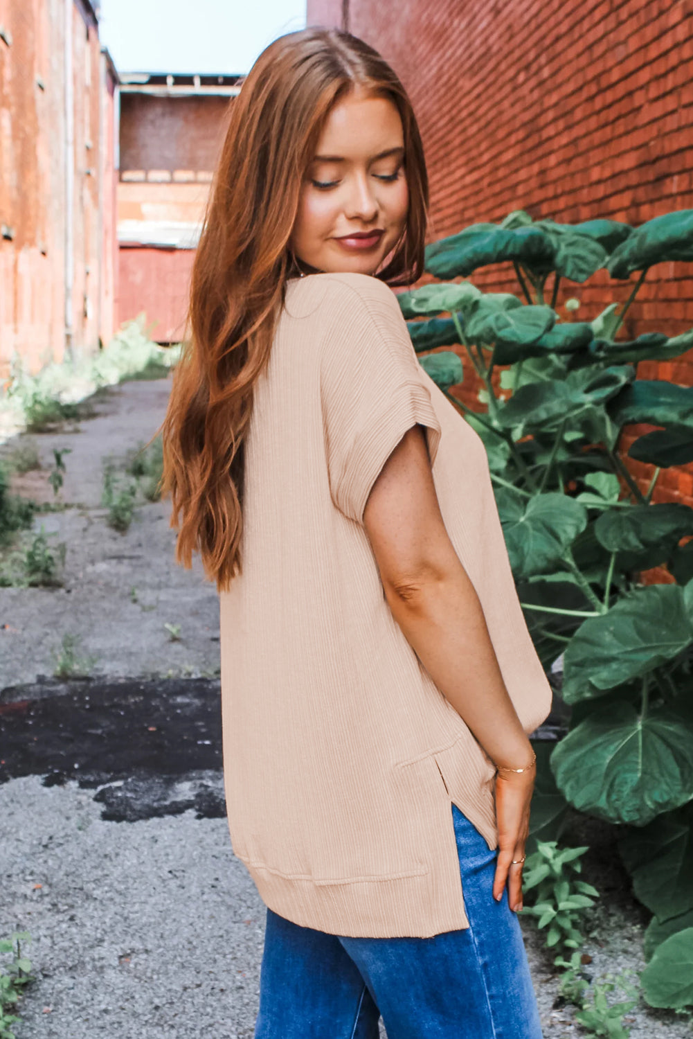 Textured Knit Round Neck Short Sleeve Top