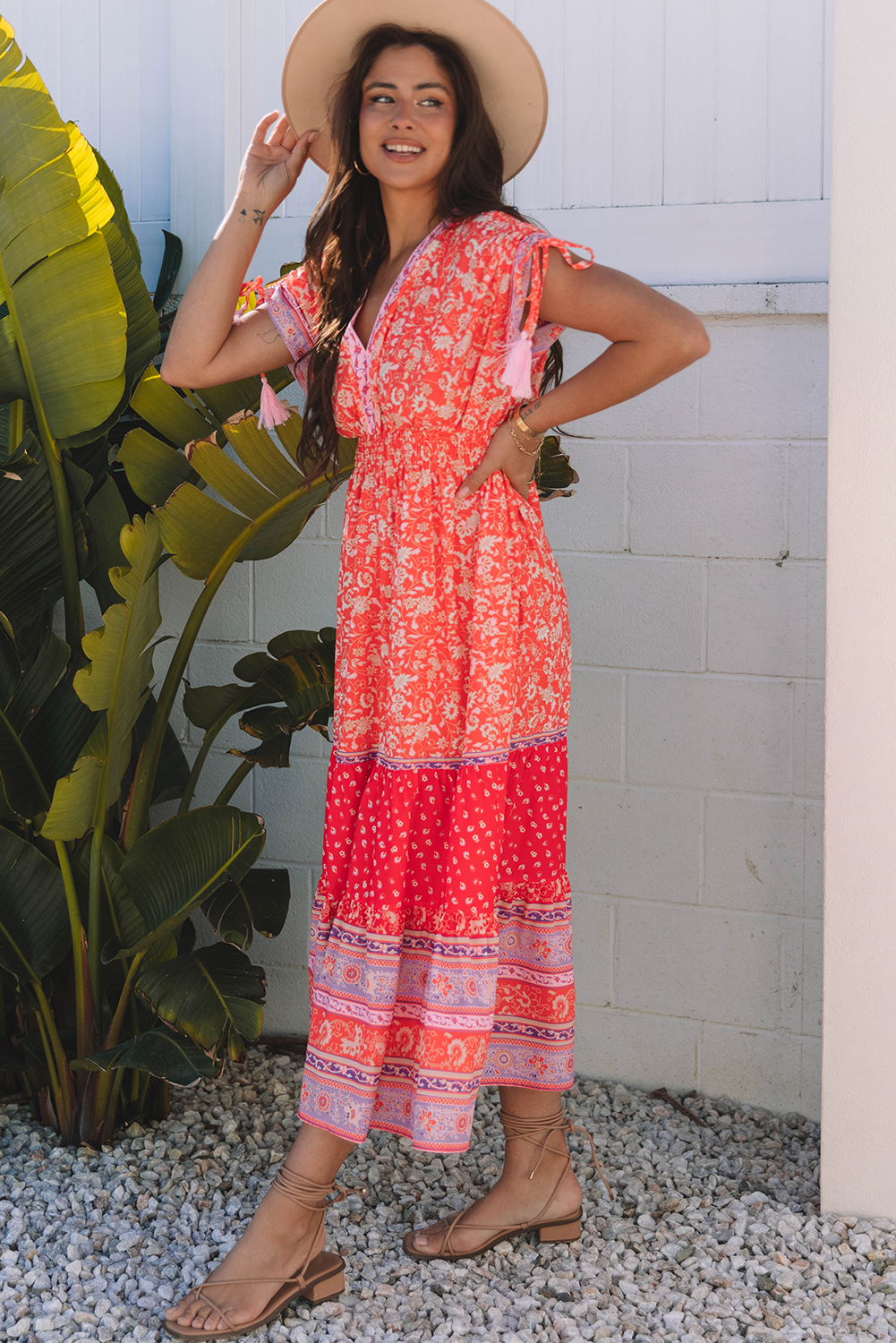 Floral Print Tasseled Tied Sleeve Empire Waist Maxi Dress