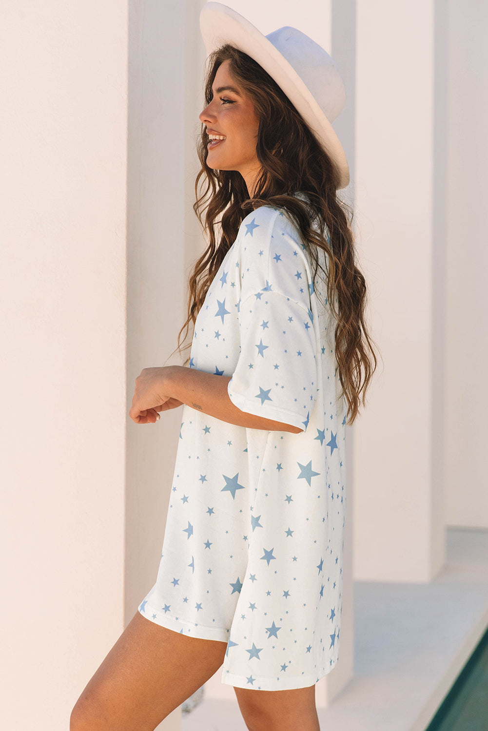 Stars Print Drop Shoulder Oversized T Shirt with Slits