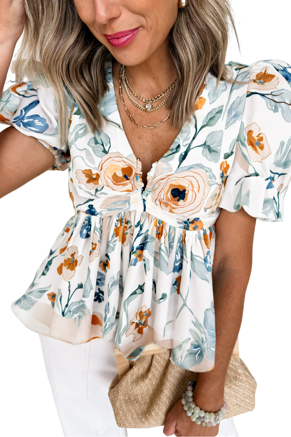 Floral Print Puff Sleeve V Neck Babydoll Blouse