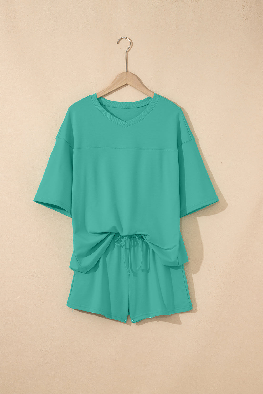 Solid Loose V Neck Half Sleeve Tee and Shorts