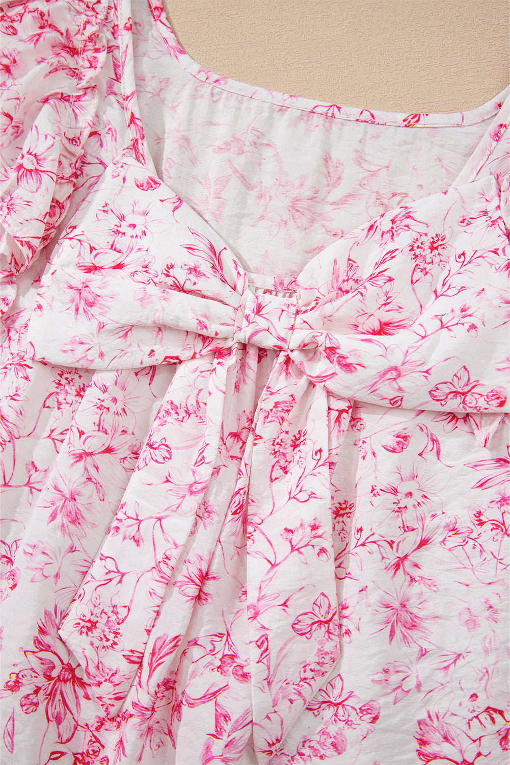 Floral Ruffled Short Sleeve Bow Back Square Neck Blouse