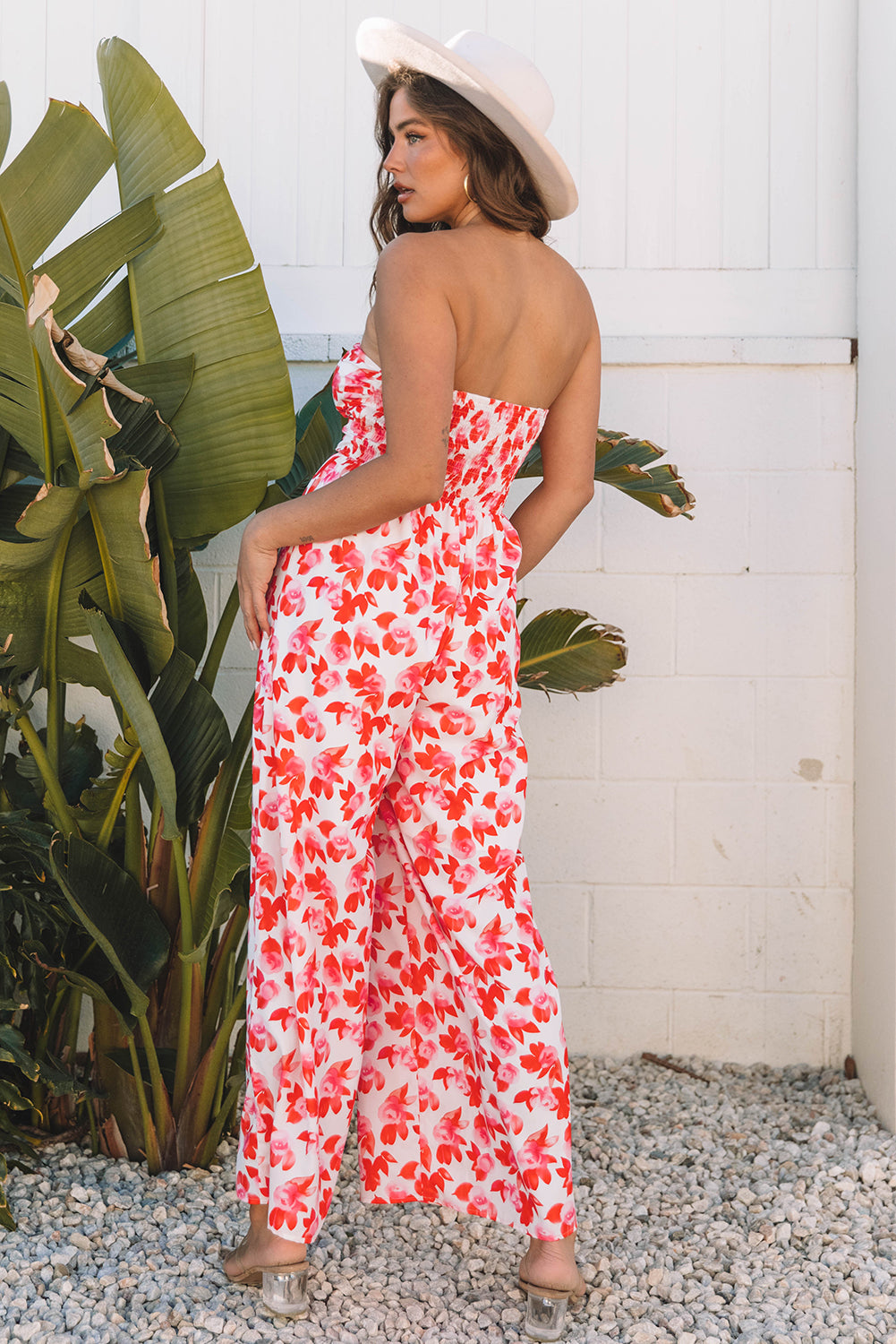 Floral Print Twisted Bandeau Keyhole Pleated Wide Leg Jumpsuit