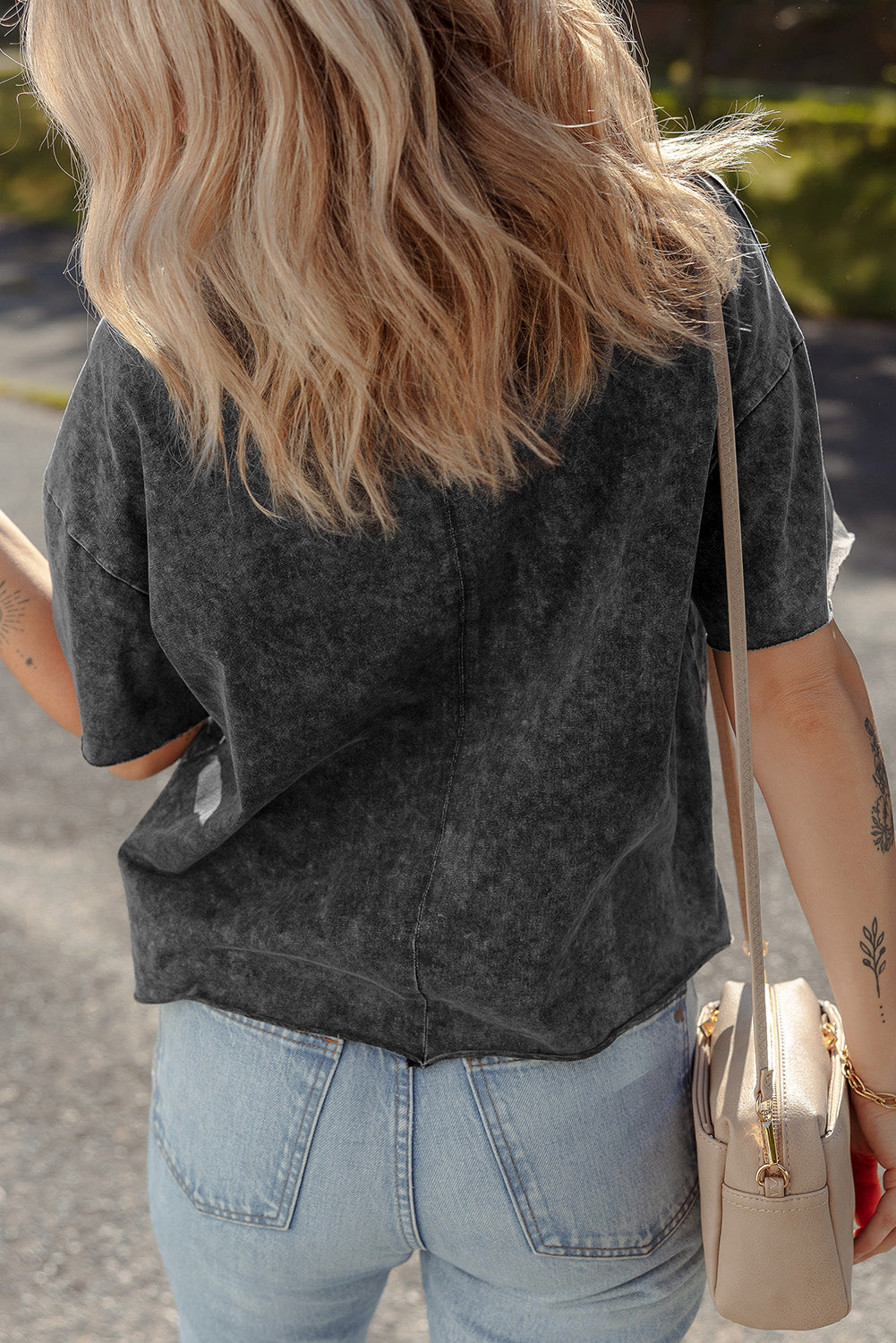 Floral Embroidered Mineral Wash Crew Neck T Shirt