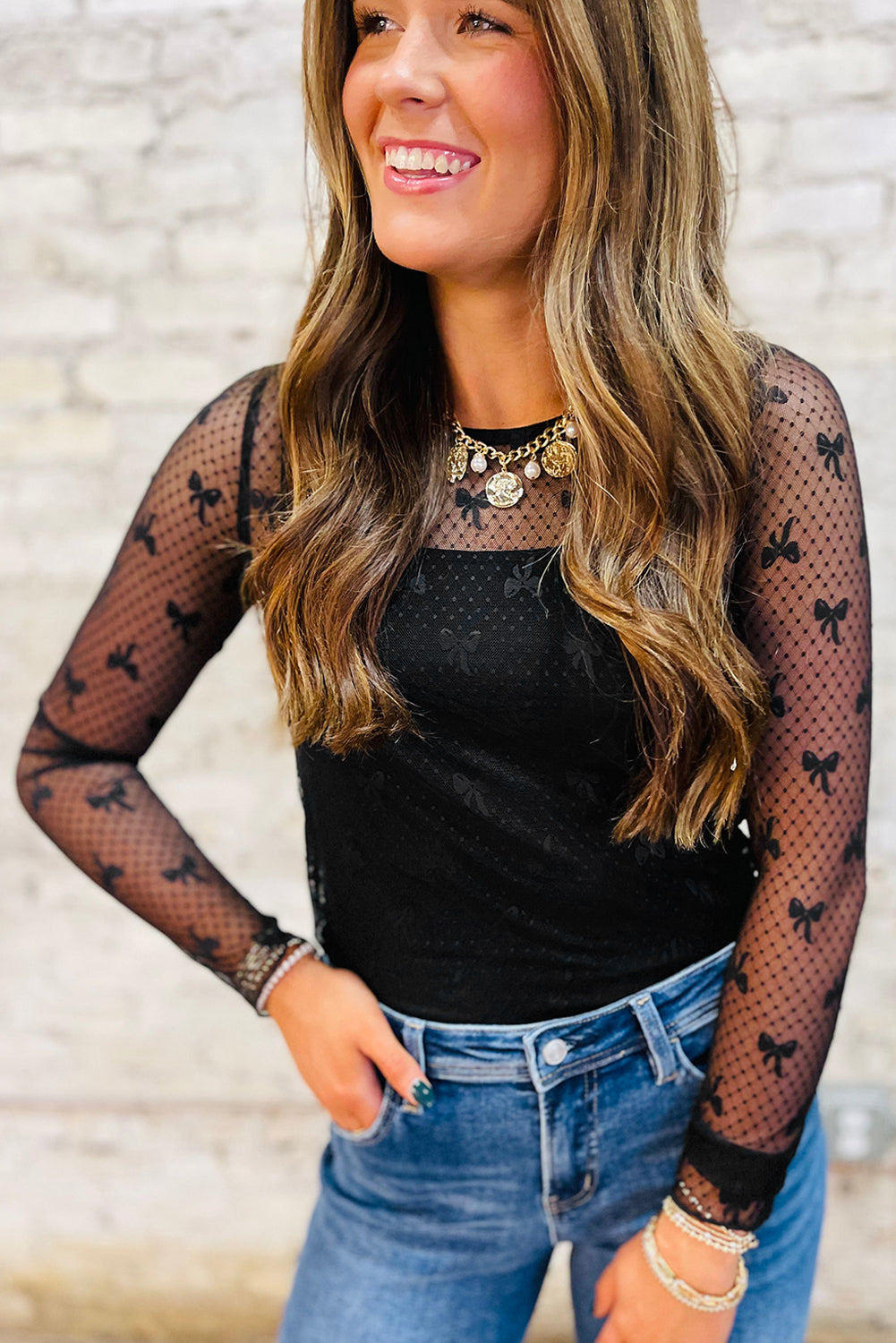Bow Pattern Accent Mesh Long Sleeve Top