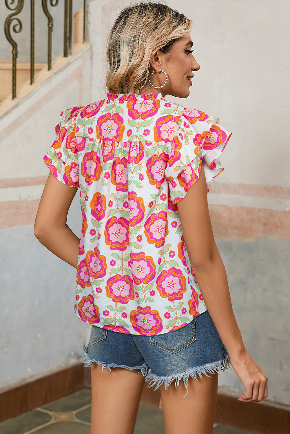 Floral Ruffled Sleeve Ric-rac Trim Split Neck Loose Blouse