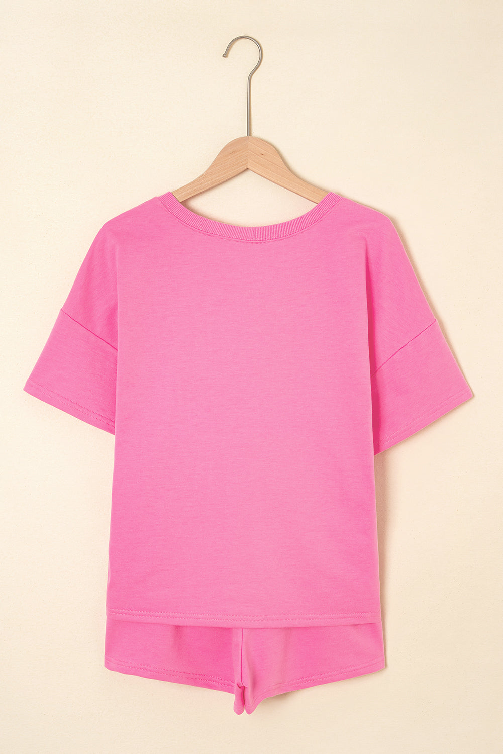 V Neck Drop Shoulder Tee and Patchwork Drawstring Shorts Set
