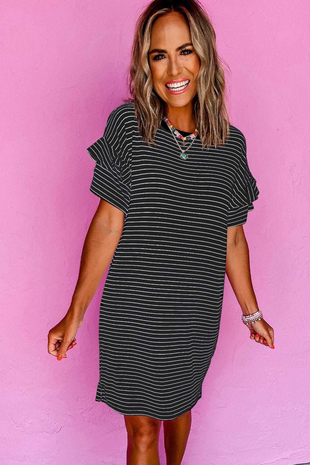 Ruffled Short Sleeve Crew Neck T Shirt Shift Mini Dress