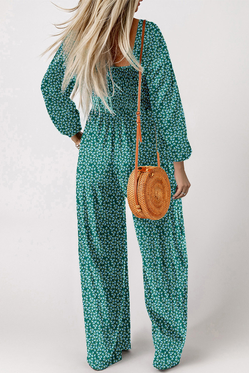 Floral Print Western Smocked Bodice Square Neck Wide Leg Jumpsuit
