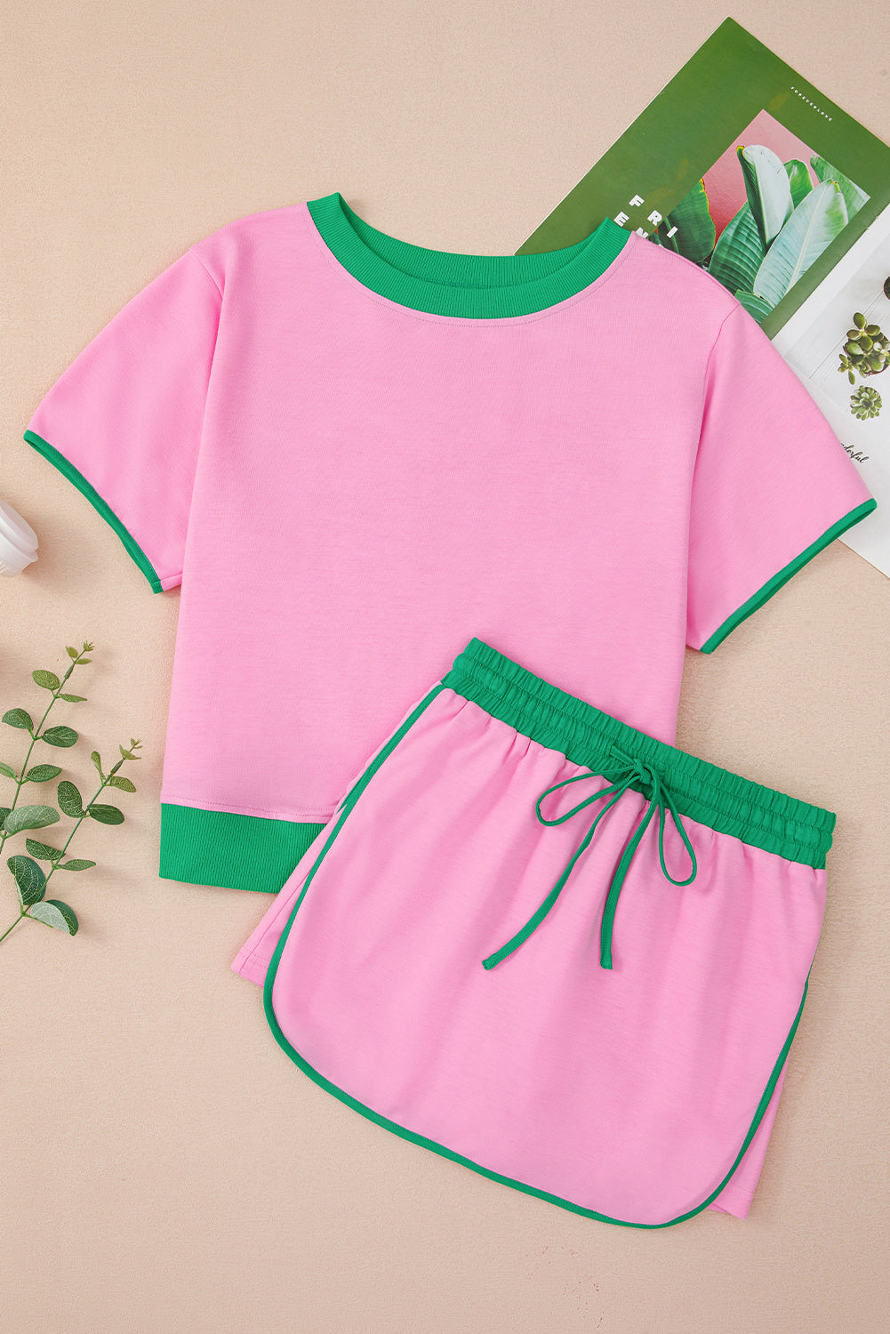 Colorblock Edge Drop Shoulder T Shirt and Skort 2Pcs Set
