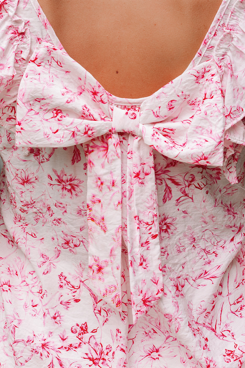 Floral Ruffled Short Sleeve Bow Back Square Neck Blouse