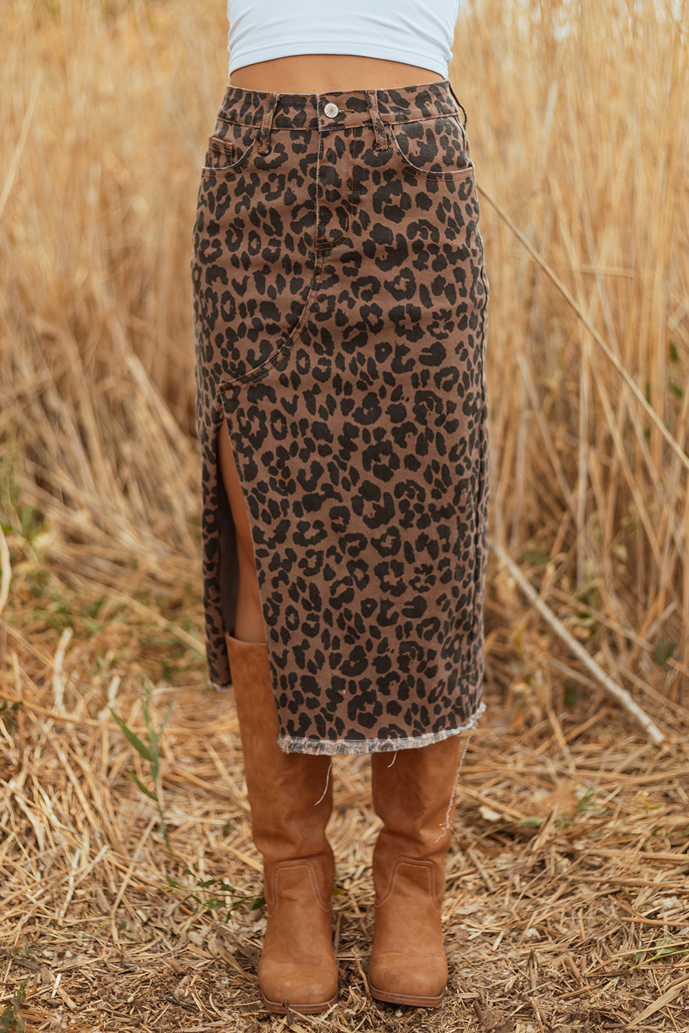 Leopard Denim Frayed Split Denim Midi Skirt