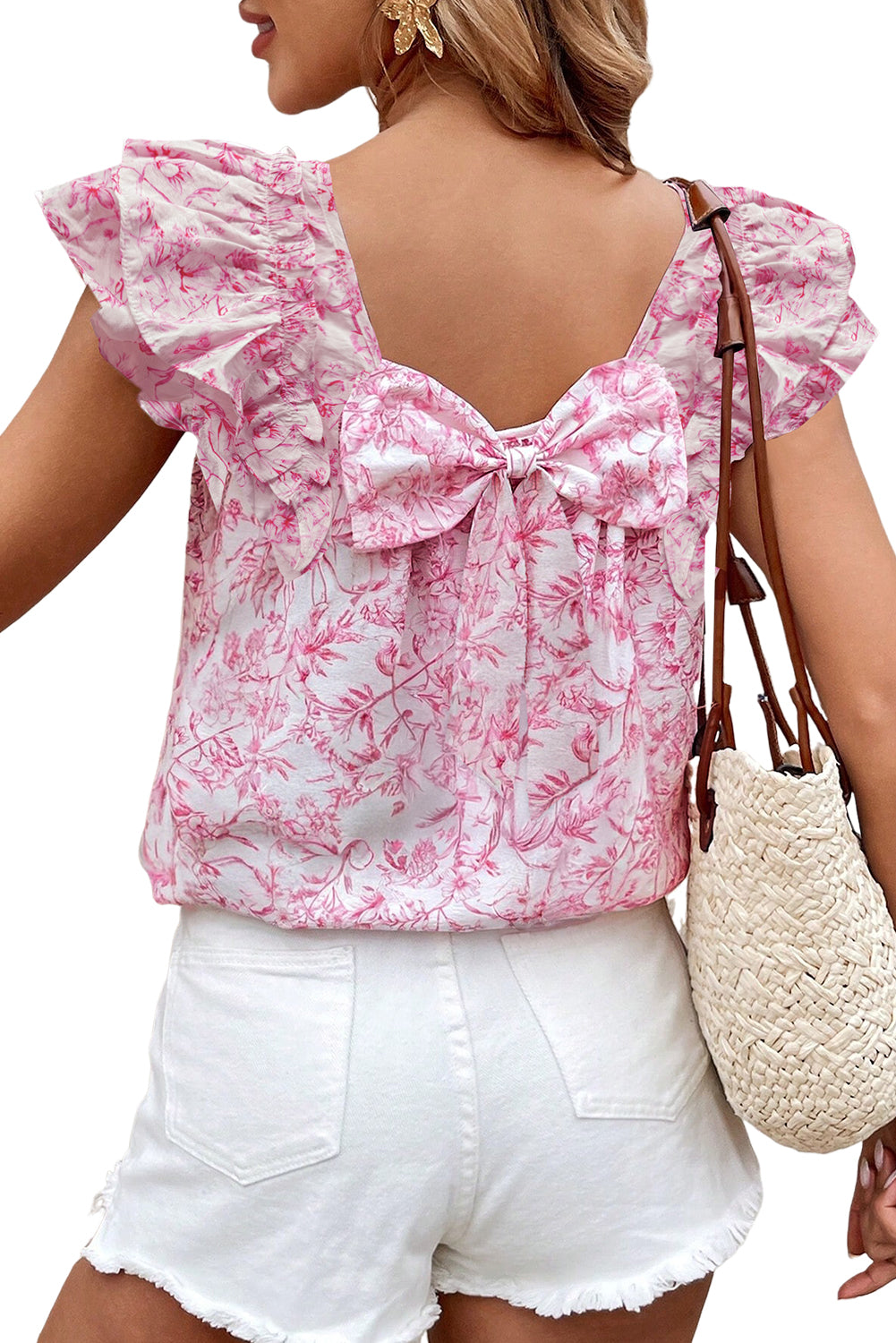 Floral Ruffled Short Sleeve Bow Back Square Neck Blouse