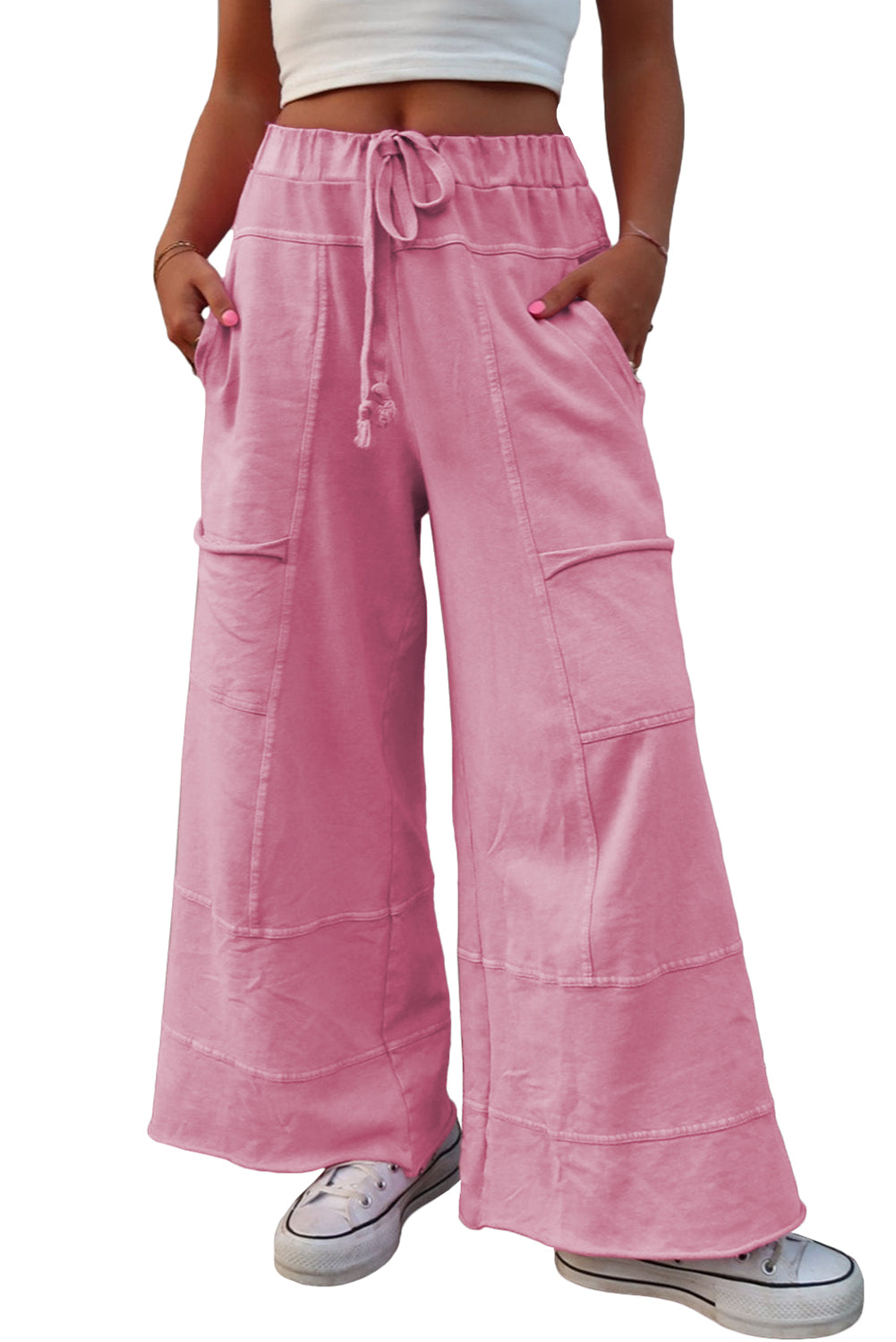 Mineral Wash Exposed Seam Drawstring High Waist Wide Leg Cargo Pants