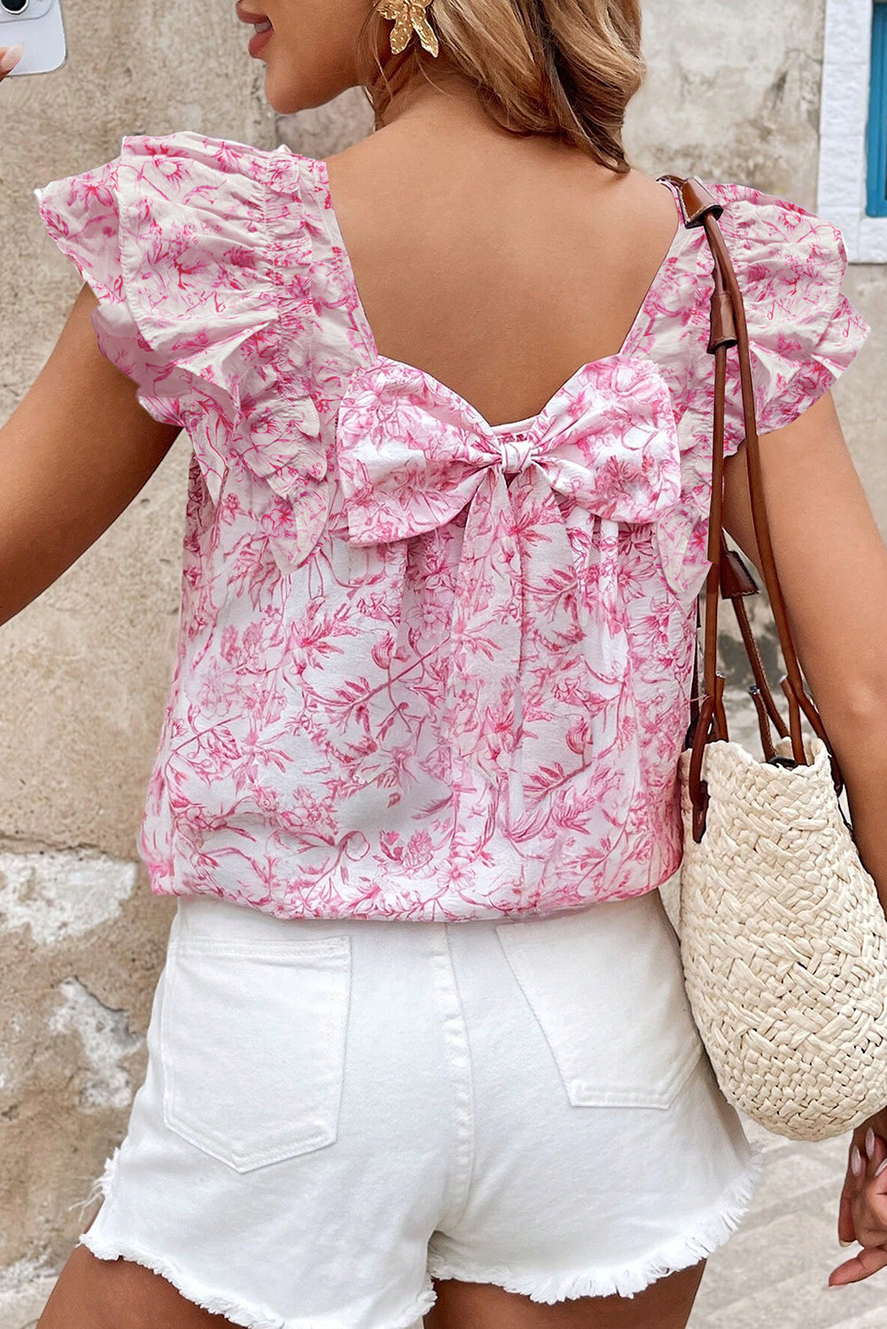 Floral Ruffled Short Sleeve Bow Back Square Neck Blouse