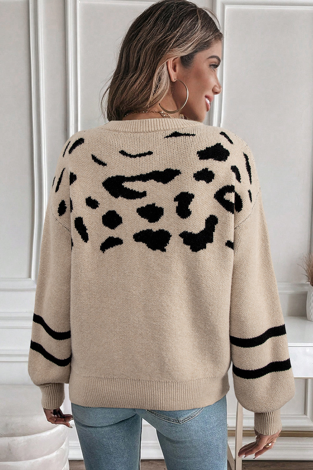 Leopard Striped Detail Drop Shoulder Sweater
