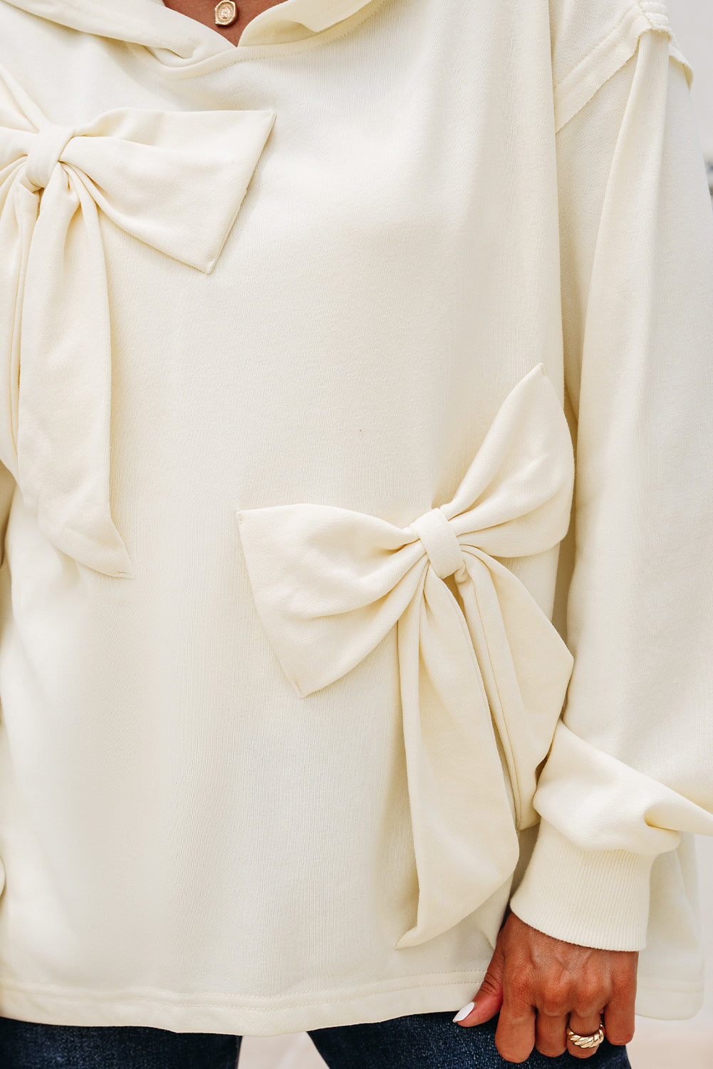 Solid Color Cute Bow Detail Loose Hoodie
