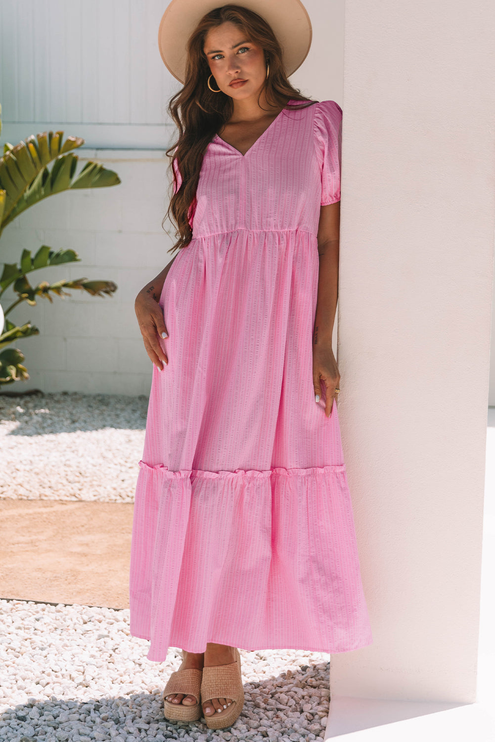 Stripe V Neck Puff Short Sleeve Maxi Dress