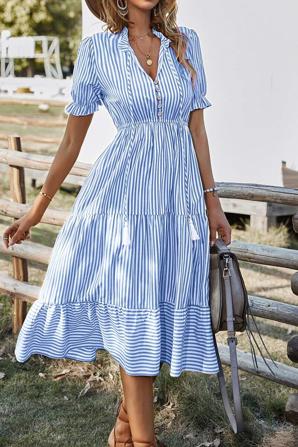 Stripe Button Tassel Tie Detail Frilled Short Sleeve Flared Midi Dress