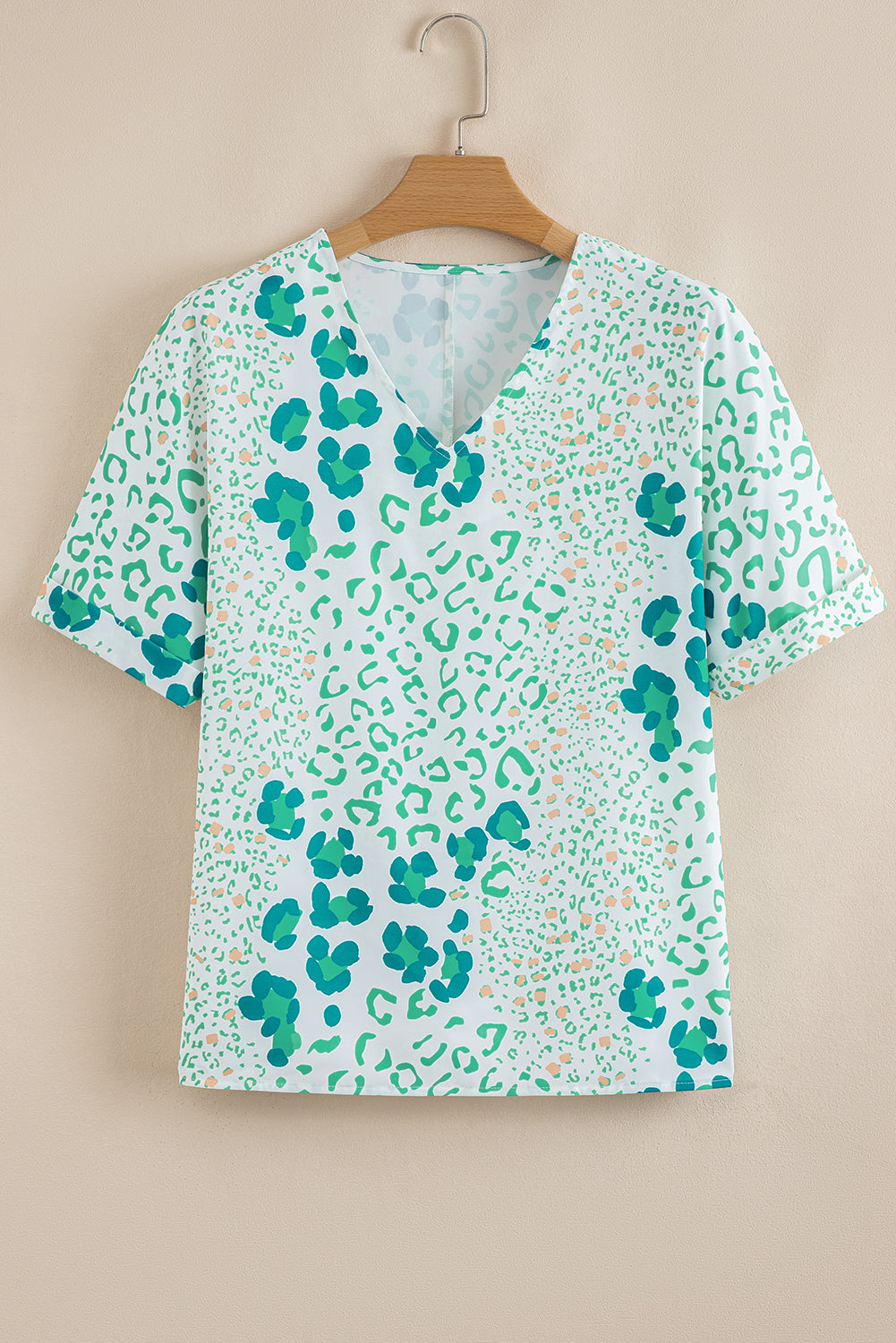Mixed Leopard Print V Neck Short Sleeve Blouse